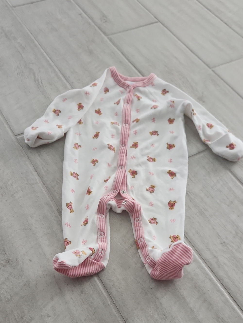 🐻 Ralph Lauren White Footed One-Piece with Pink Trim and Teddy Print